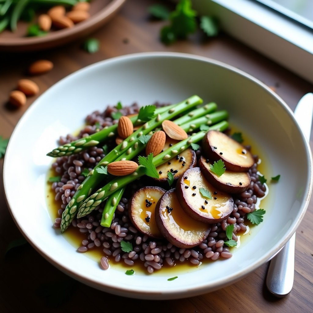 Bowl hondo de cerámica blanca con arroz salvaje oscuro, láminas de hongos portobello dorados, espárragos verdes tiernos, almendras tostadas y semillas de sésamo negro. Plato vegano en olla lenta con decoración de perejil fresco y chorrito de aceite de oliva.