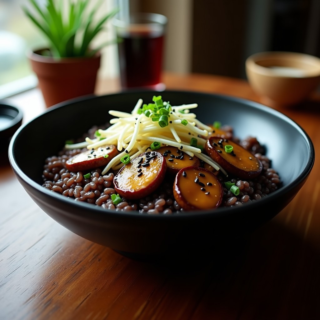 Bowl negro de cerámica con arroz salvaje oscuro, hongos shitake brillantes en reducción de vino tinto, brotes de soja frescos, semillas de sésamo negro y cebollino picado. Plato vegano chino con texturas contrastadas y colores profundos.