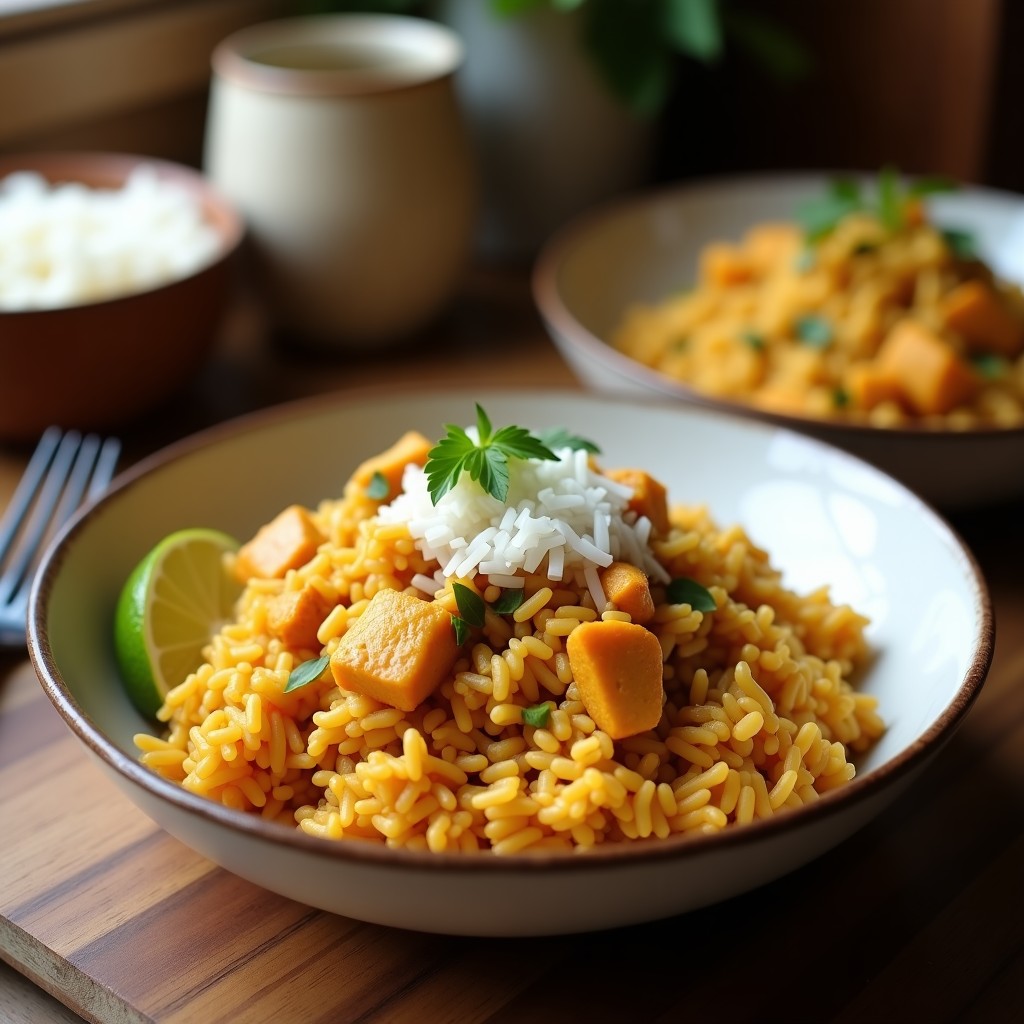 Bowl hondo de cerámica negra con arroz salvaje oscuro, trozos de pollo al curri verde, verduras coloridas y leche de coco, decorado con cilantro fresco, cacahuetes tostados y rodaja de lima. Receta tailandesa en olla lenta.