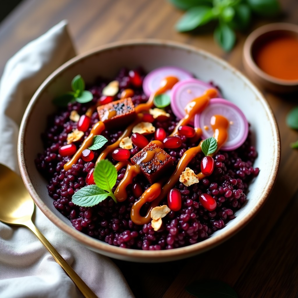 Bowl de arroz salvaje oscuro con cubos de remolacha asada morada, semillas de granada rojas, almendras doradas y aderezo brillante de tamarindo, decorado con hojas de menta fresca. Receta iraní vegana colorida y nutritiva.