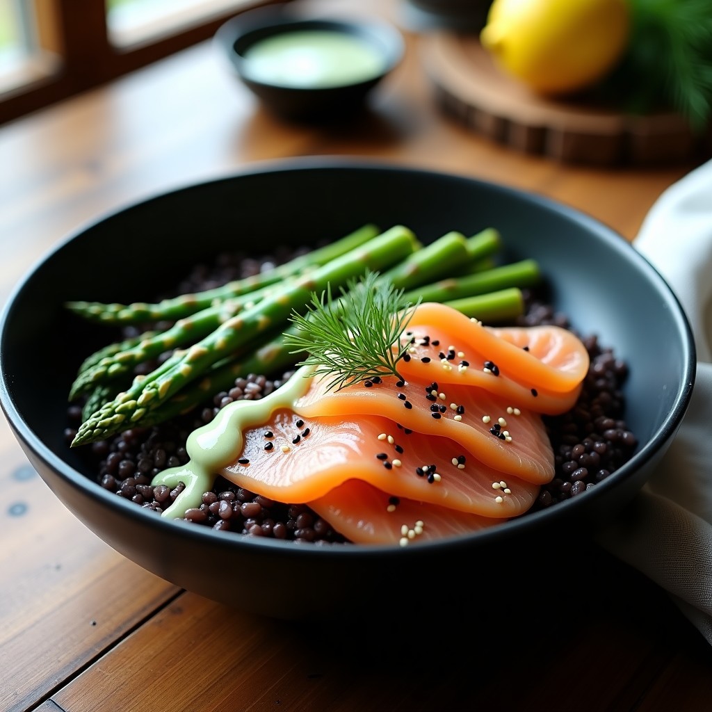 Bowl de arroz salvaje oscuro con láminas de salmón ahumado rosado, espárragos verdes asados, almendras doradas y salsa cremosa de anacardos, servido en un plato hondo blanco. Receta keto en Airfryer.