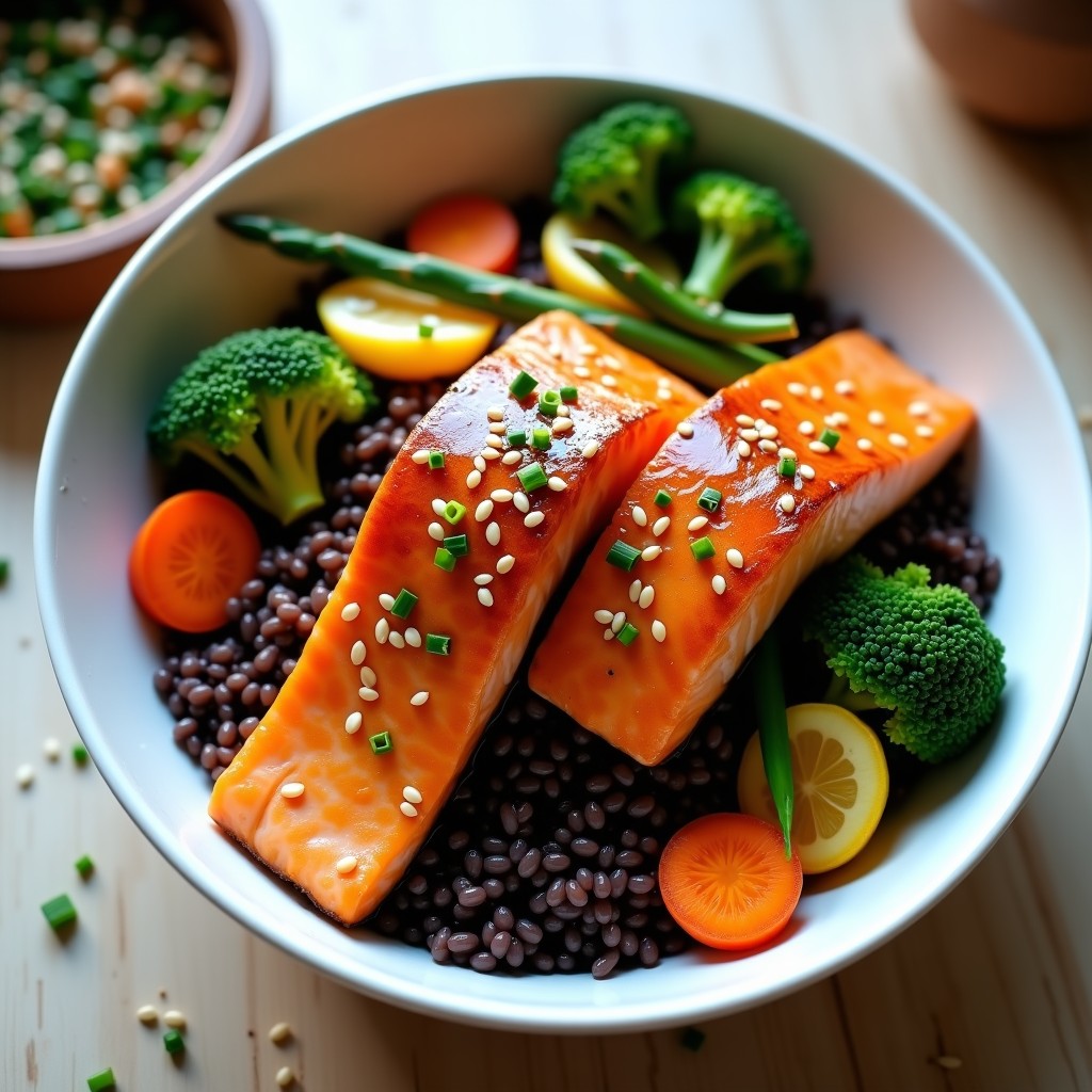 Bowl de arroz salvaje oscuro con filetes de salmón al miso dorados, vegetales al vapor coloridos (brócoli, zanahoria y espárragos) y semillas de sésamo. Receta de bowl de arroz salvaje con salmón al miso y vegetales al vapor.