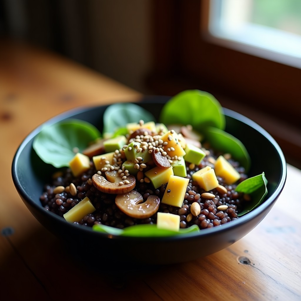 Bowl hondo de cerámica negra con arroz salvaje oscuro, setas shitake doradas salteadas, aguacate en cubos, semillas de calabaza y sésamo, espinacas frescas y vinagreta de sésamo y miel brillante. Plato keto colorido y apetitoso sobre fondo rústico de madera.