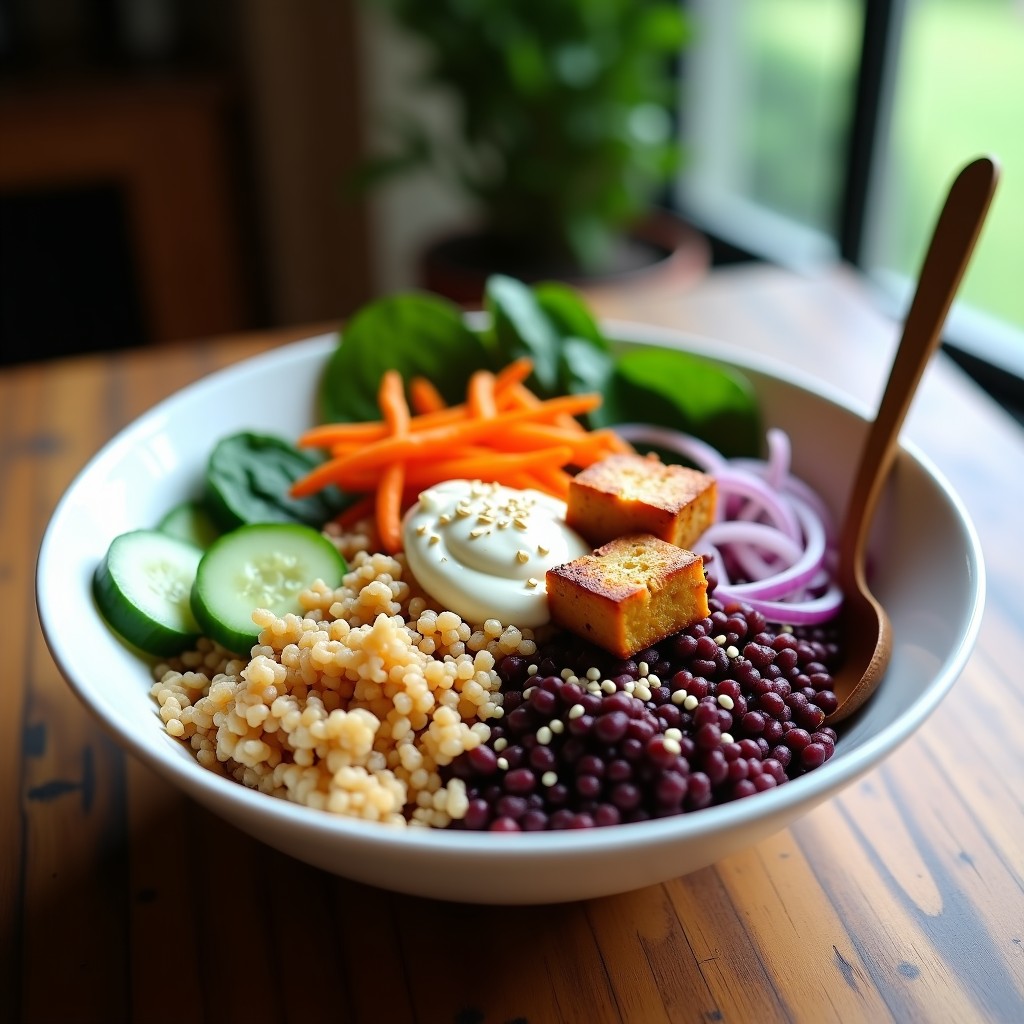 Buddha Bowl vegano en cuenco hondo de cerámica blanca con arroz salvaje y basmati, cubos de tempeh dorado horneado, zanahoria en juliana, pepino en medias lunas, espinacas frescas y cebolla morada en plumas. Espolvoreado con semillas de sésamo y bañado con aderezo cremoso de miso blanco. Plato colorido, saludable y alto en proteína, ideal para tupper.