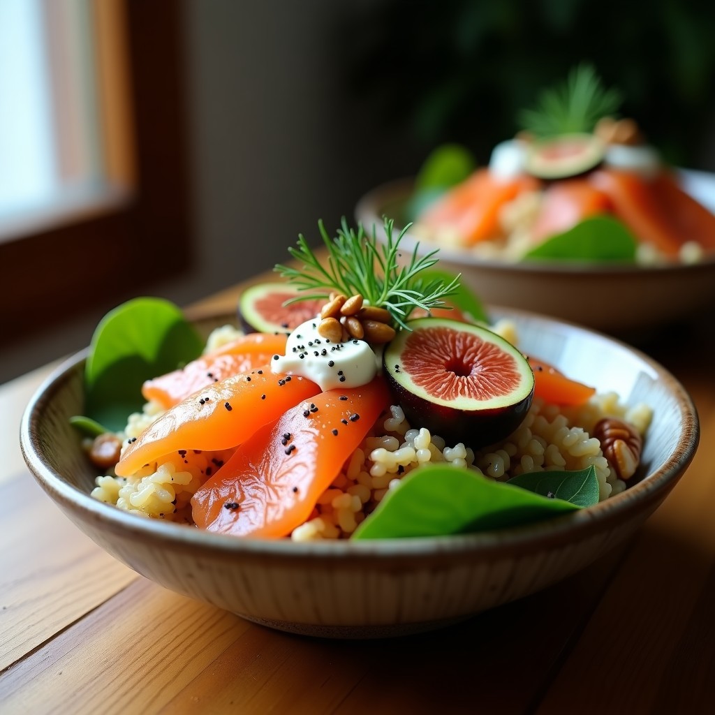Bowl de arroz silvestre y basmati con láminas de salmón ahumado, higos frescos en cuartos, espinacas baby, queso de cabra desmenuzado y nueces pecanas. Decorado con eneldo fresco y rociado con aderezo de miel y mostaza. Receta gourmet de bowl de arroz silvestre con salmón ahumado y higos.