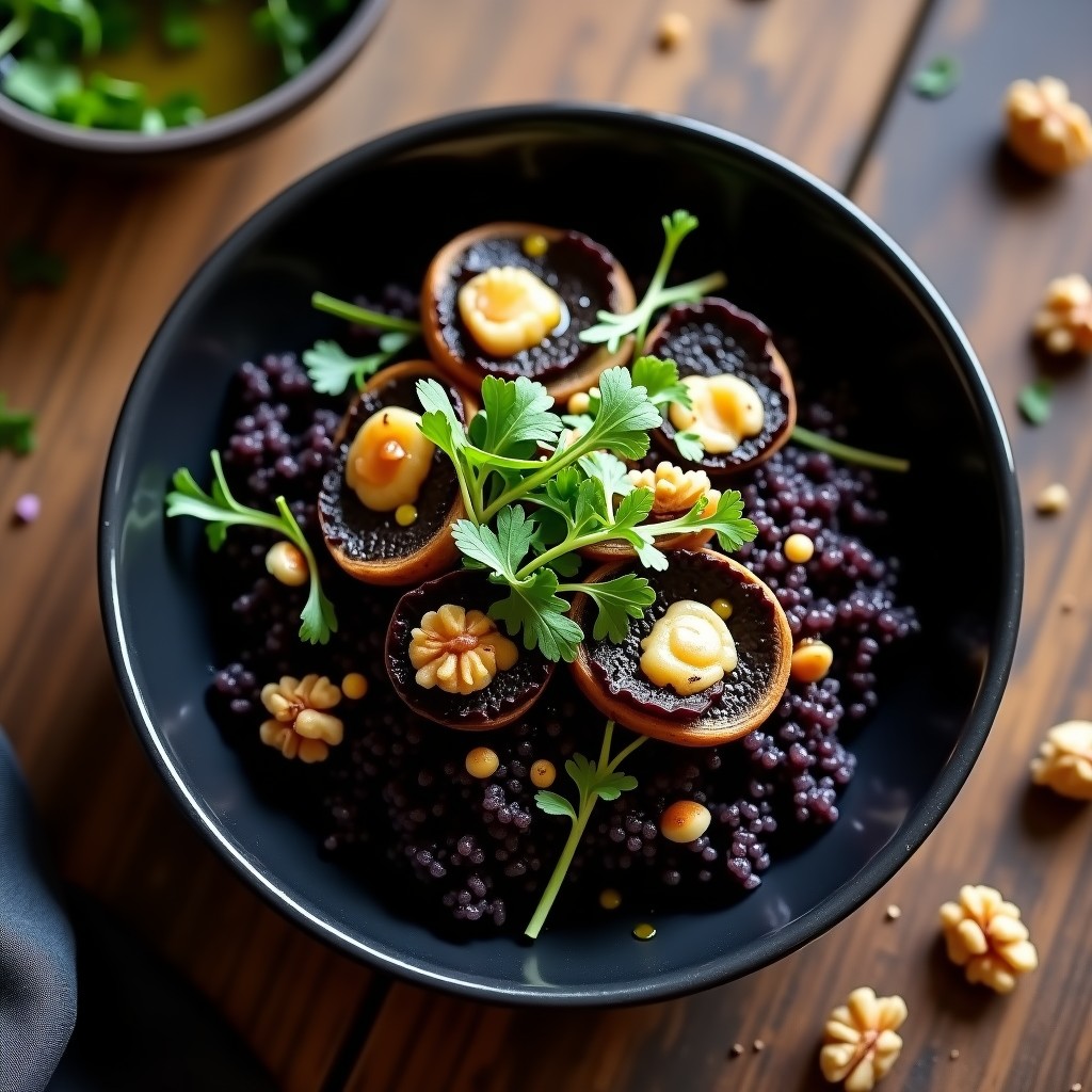 Bowl hondo de cerámica negra con arroz venere brillante, láminas de hongos portobello asados, virutas de trufa negra, nueces tostadas y rúcula baby. Plato de cocina italiana gourmet con toques de aceite de oliva y perejil fresco.