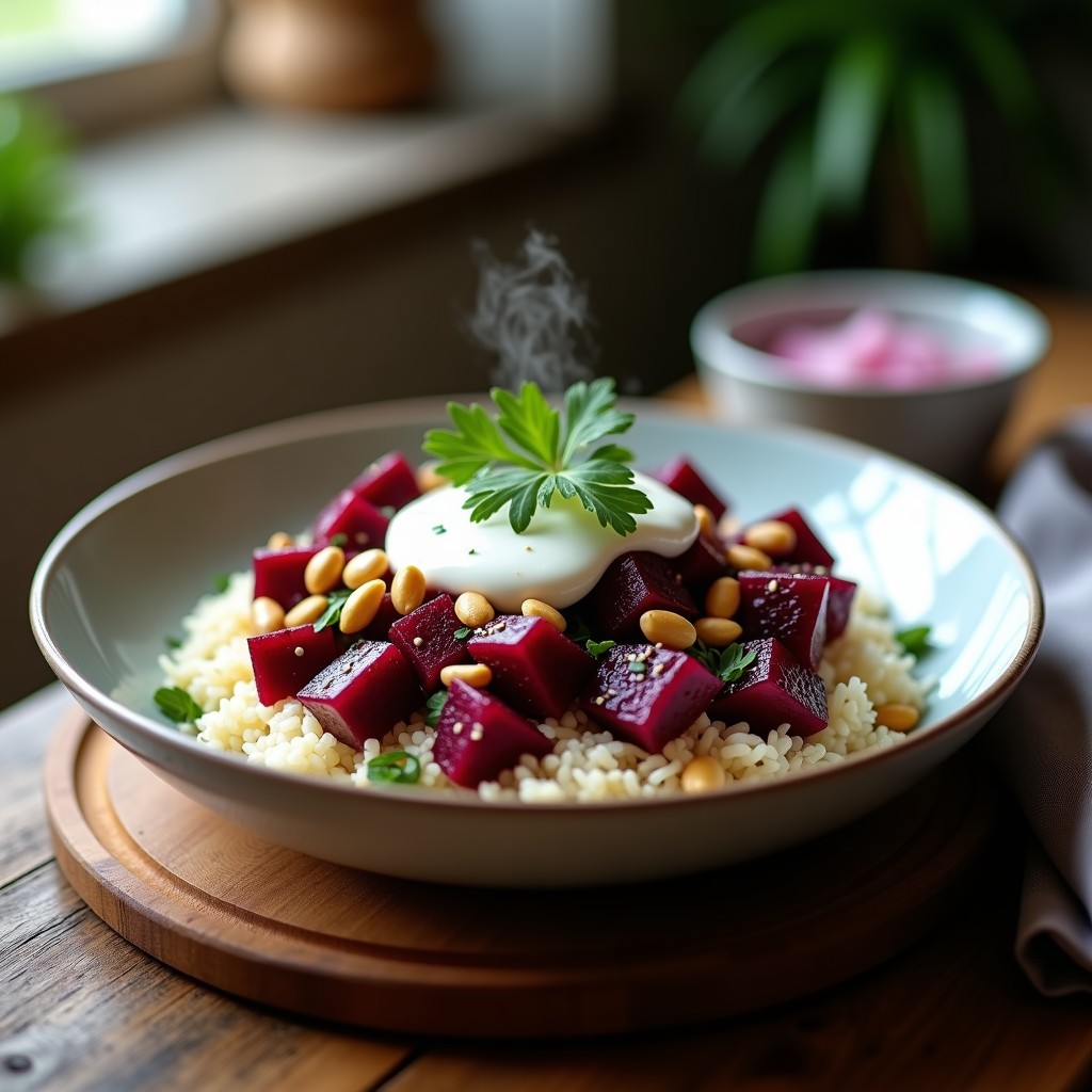 Bowl de arroz Wrocław de color blanco cremoso con cubos de remolacha asada morada brillante, cebolla morada en juliana, semillas de girasol doradas y nueces troceadas. Todo regado con una salsa blanca de yogur y eneldo, decorado con hojas verdes frescas y un hilo de aceite de oliva sobre un fondo rústico de madera.