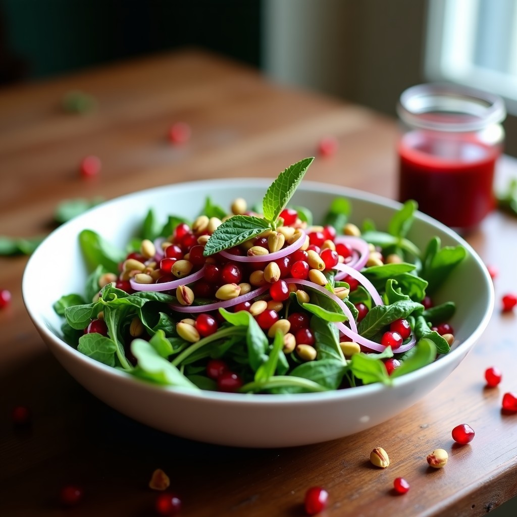 Bowl blanco con arrúgula fresca de hojas verdes oscuras, granos de granada rojos brillantes, cebolla morada en juliana, pistachos tostados y hojas de menta, bañado con vinagreta de granada. Ensalada iraní vegana y sin gluten servida en un plato rústico de madera.