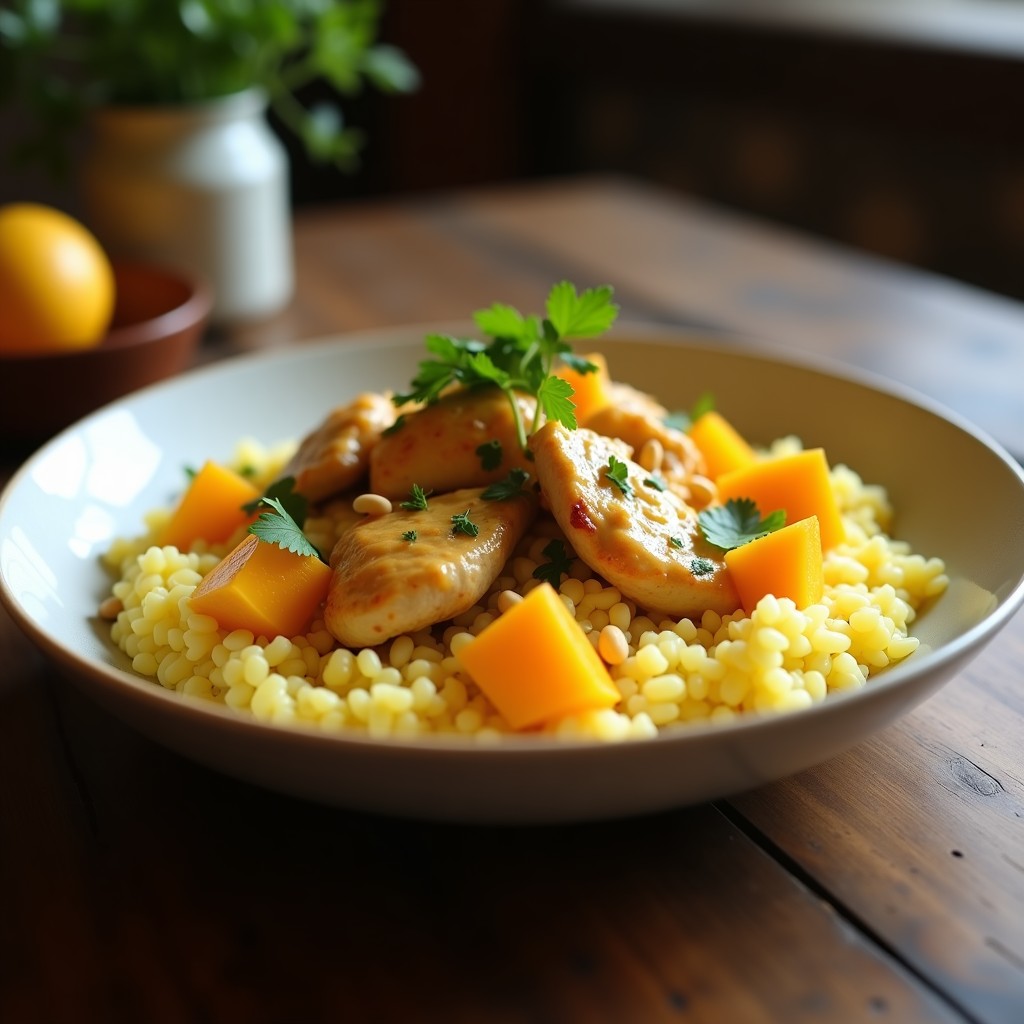 Bowl de arrurruz cremoso con trozos dorados de pollo al curry, cubos brillantes de mango fresco, cilantro verde y anacardos tostados, servido en un plato hondo de cerámica blanca sobre fondo rústico de madera.