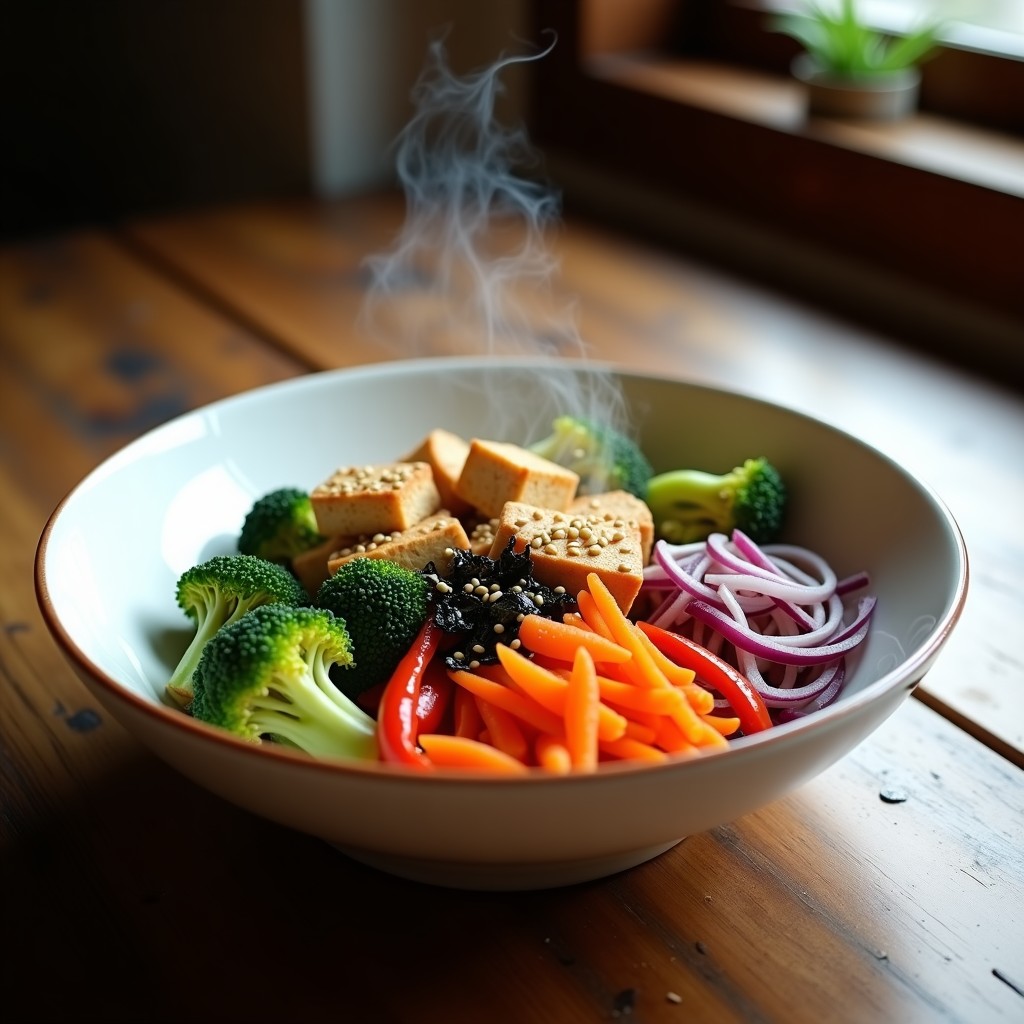 Bowl colorido con tofu dorado, brócoli, zanahoria, pimiento rojo y hongos shiitake asados, bañados en salsa de tahini cremosa. Decorado con semillas de sésamo, algas nori y cebolla morada. Receta de bowl asiático con umami en airfryer.