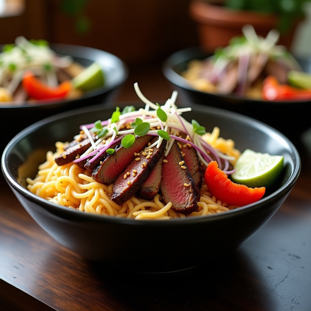 Bowl asiático colorido con arroz basmati, jackfruit dorado, láminas de picanha jugosa, verduras salteadas y semillas de sésamo. Receta fusion alta en proteína y umami.