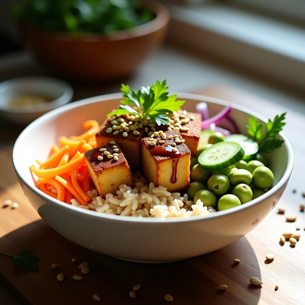 Bowl asiático colorido con tofu crujiente dorado, arroz basmati, zanahoria en juliana, pepino, edamame, semillas de sésamo y cacahuetes, bañado en salsa teriyaki y decorado con cilantro fresco.