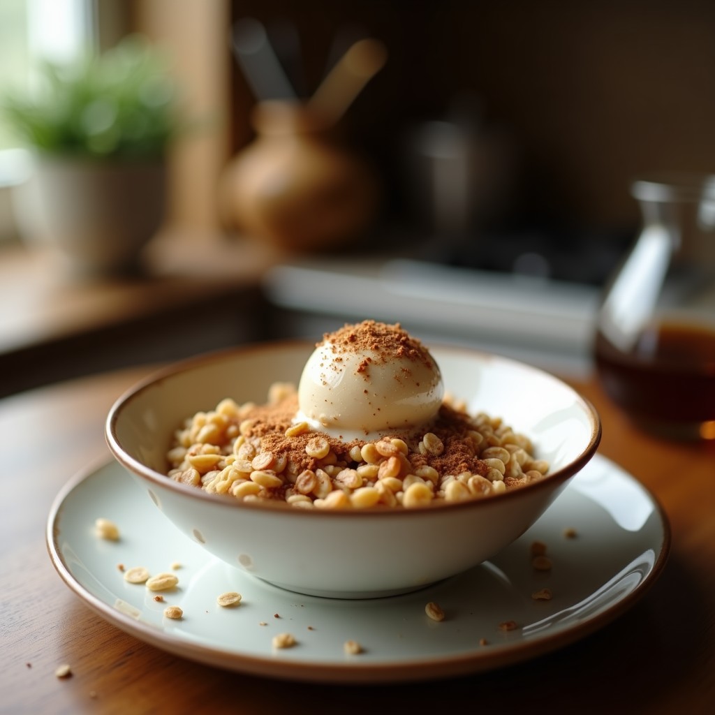 Bowl hondo de cerámica blanca con base de avena tostada y semillas de chía, coronado con una porción de helado de café cremoso, espolvoreado con cacao en polvo y almendras fileteadas. Toque final de mantequilla de almendras derretida. Desayuno keto sin azúcar con contraste de temperaturas.