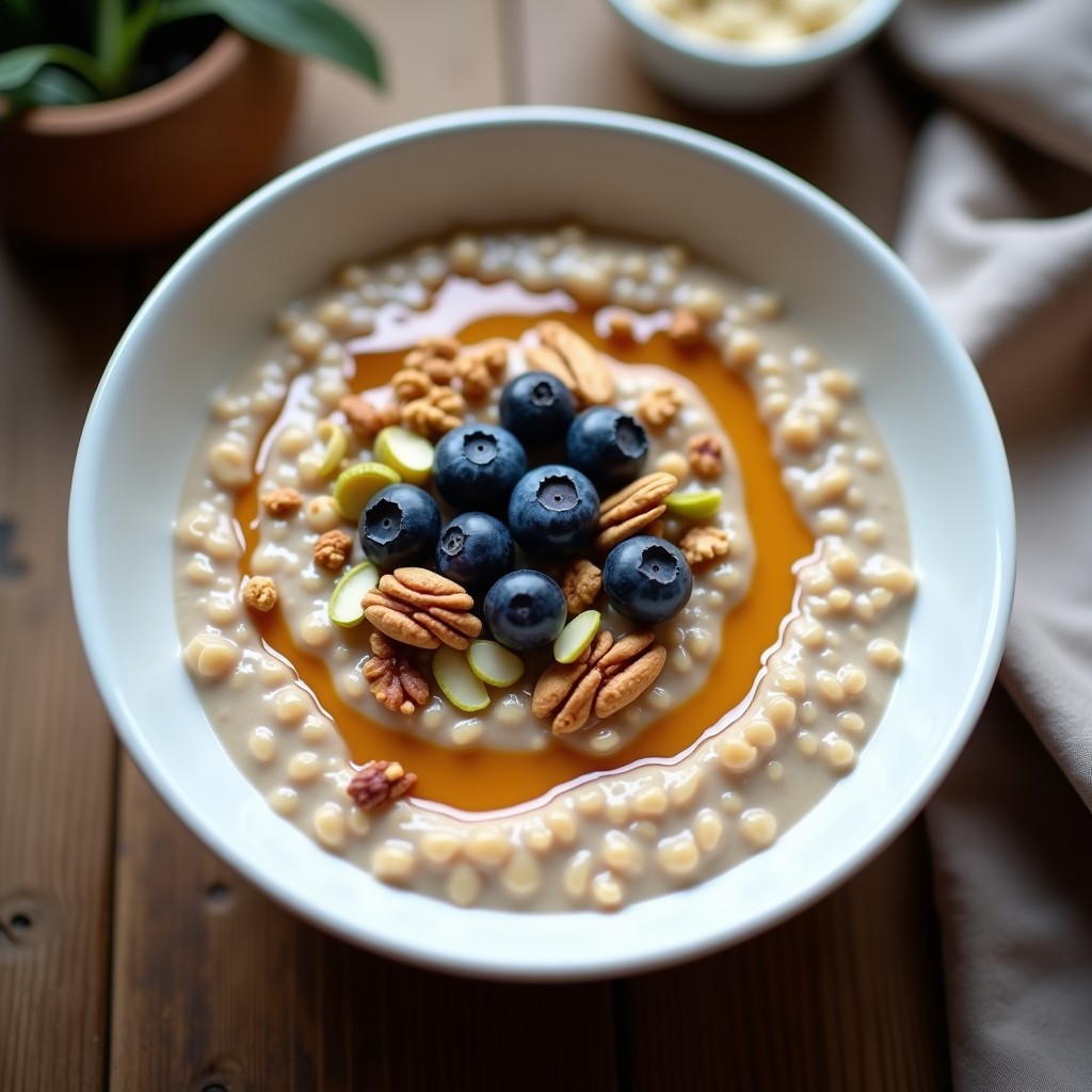 Bowl de Avena con Leche de Soya y Toppings de Frutos Secos: Desayuno Vegano Alto en Fibra