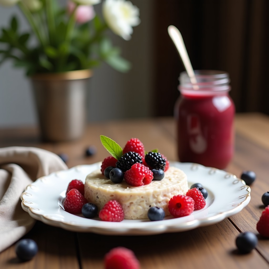 Bowl de avena nocturna cremosa con leche de coco, decorado con frutos del bosque frescos, semillas de cáñamo tostadas y almendras fileteadas, servido en un plato hondo de cerámica blanca.