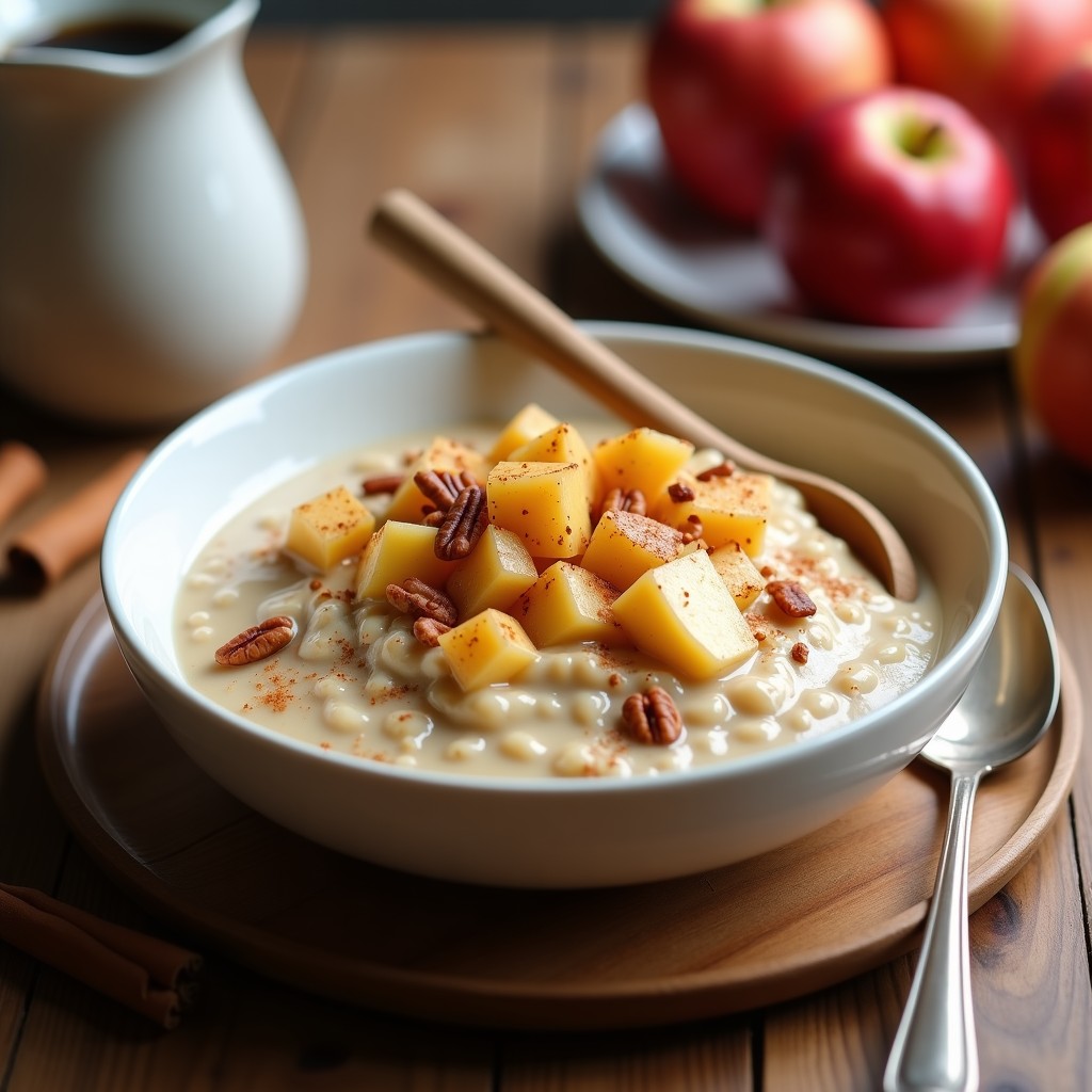 Bowl de avena nocturna cremosa con trozos de compota de manzana fresca, espolvoreada con canela y nueces pecanas, servido en un recipiente de cerámica blanca sobre fondo rústico.