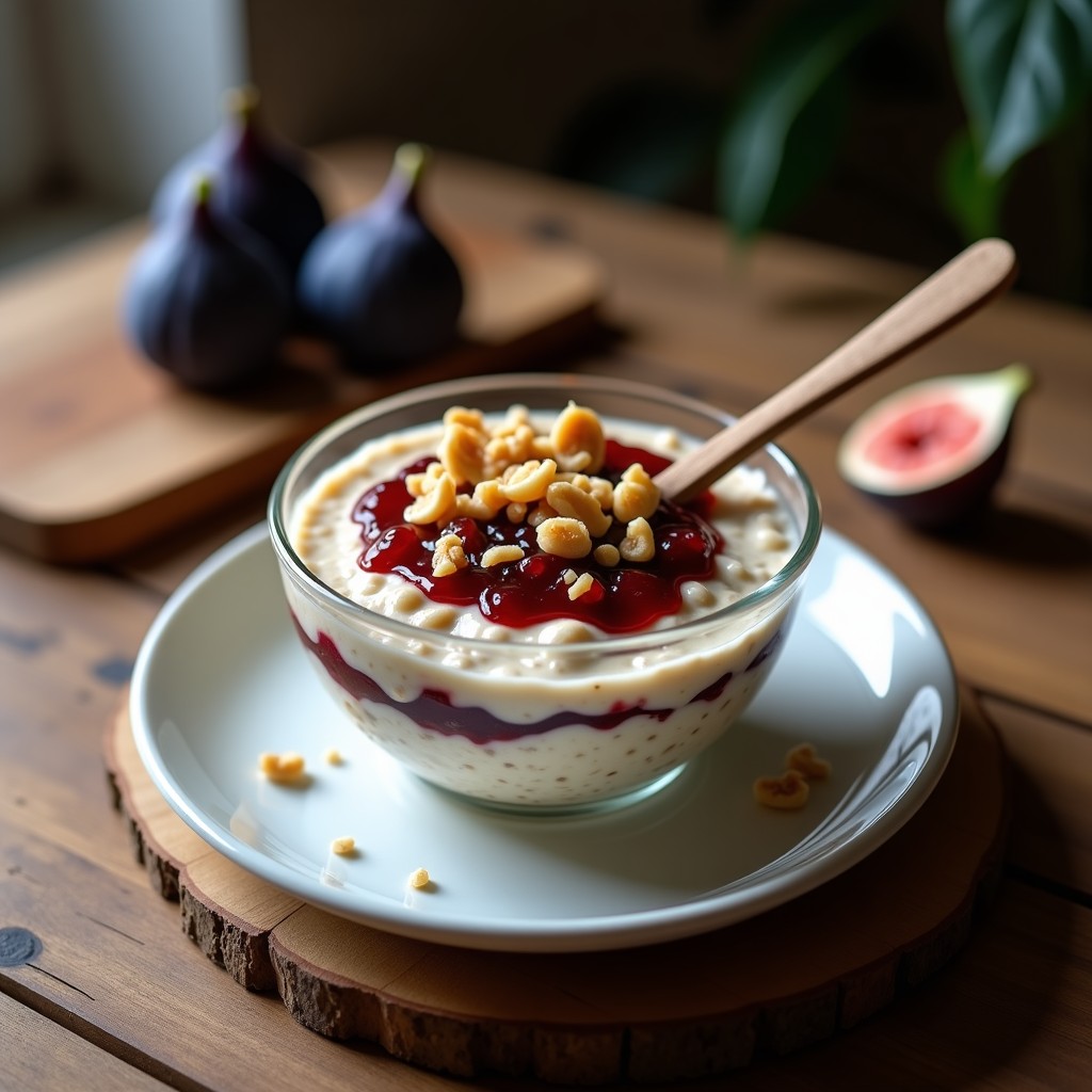 Bowl de Avena Nocturna con Compota de Higos y Nueces: Desayuno Vegano y Sin Lactosa