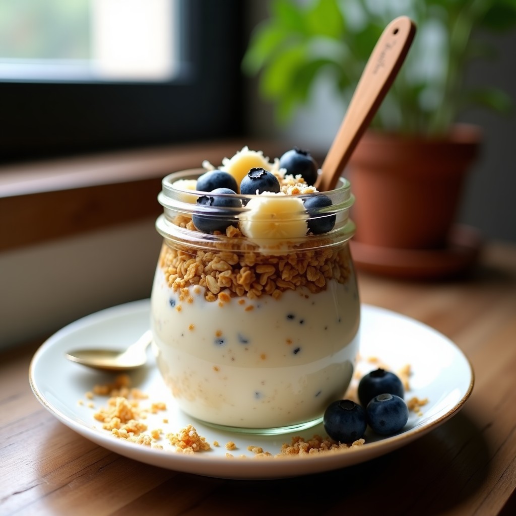 Bowl de cristal transparente con avena nocturna cremosa de color beige, coronado con arándanos morados, nueces de Brasil doradas, coco rallado blanco y semillas de cáñamo y sésamo negro. Fondo de madera rústica con cuchara de madera y vasito de leche de avena al lado. Receta vegana alta en proteína.
