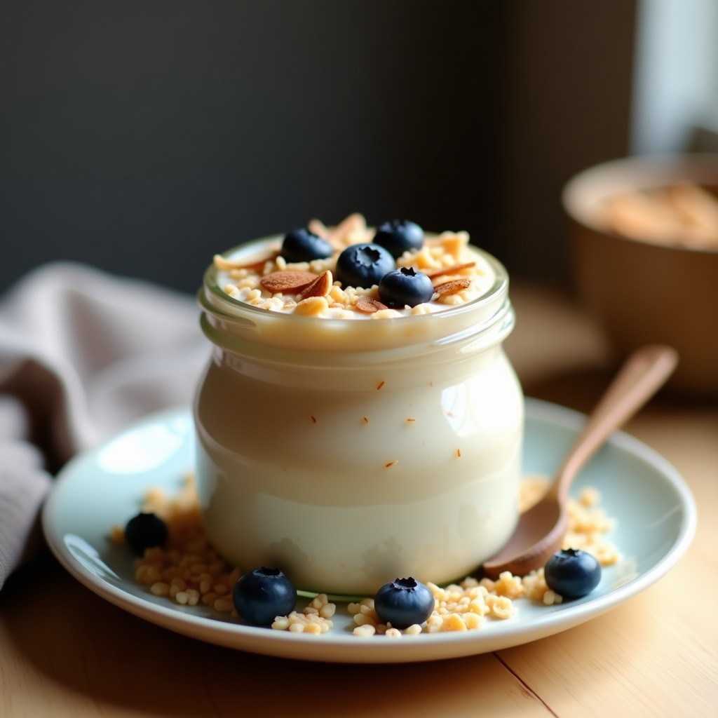 Bowl de vidrio transparente con avena nocturna remojada en leche de kamut, decorado con rodajas de plátano, almendras fileteadas y un espolvoreado de canela en polvo, sobre un fondo de madera rústica.