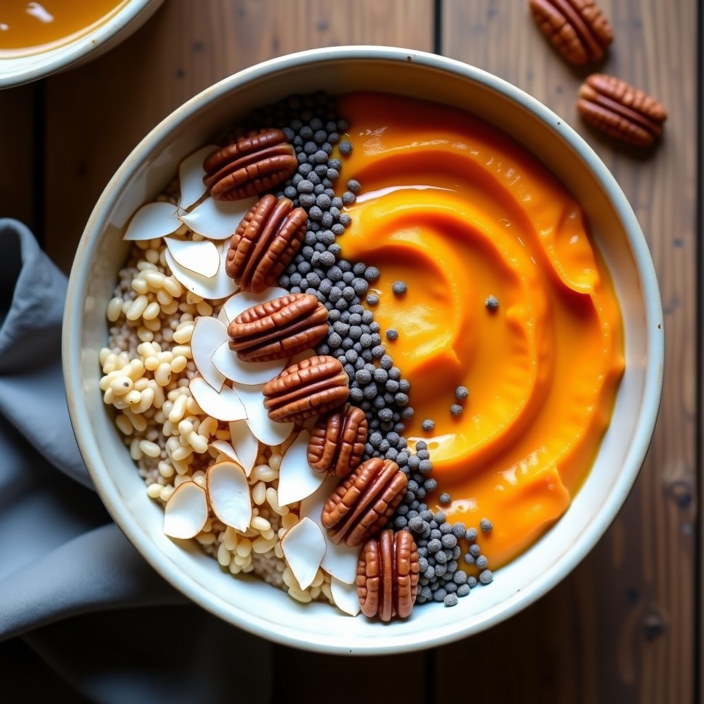 Bowl de desayuno energético sin gluten con capas cremosas de puré de boniato naranja, avena y semillas de chía negras, decorado con nueces pecanas tostadas, coco rallado y un hilo de miel de agave sobre fondo rústico de madera.