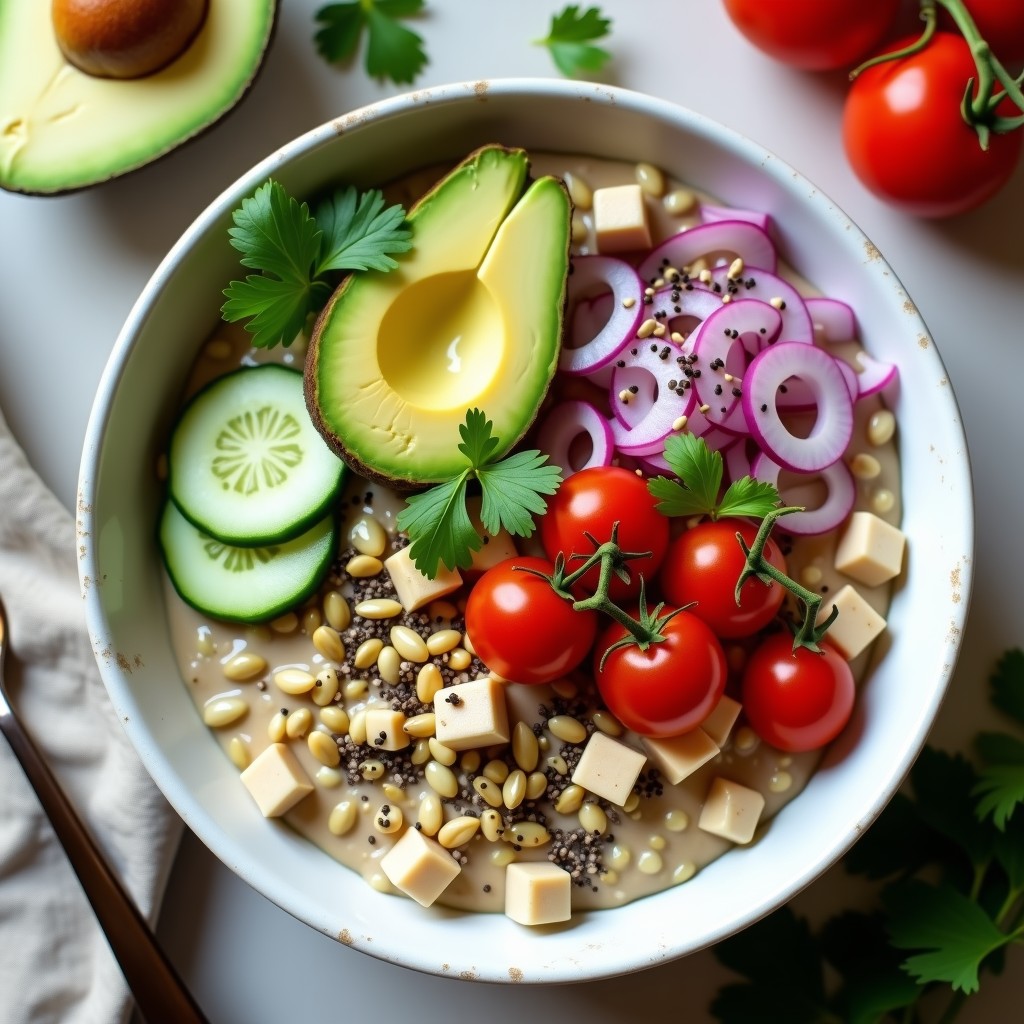 Bowl de avena salada con aguacate en láminas, semillas de girasol, calabaza y sésamo negro, decorado con tomate cherry, pepino, perejil y alga nori, sobre fondo rústico de madera.