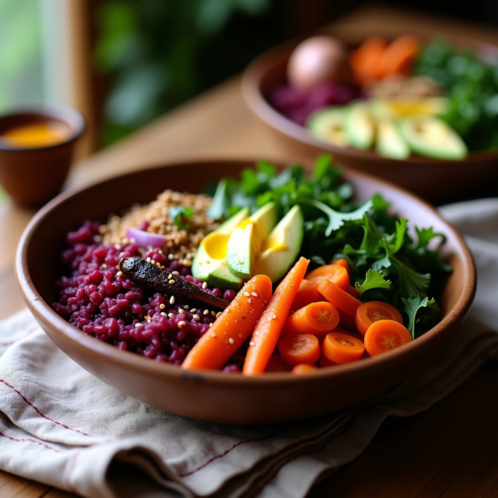 Bowl ayurvédico de cúrcuma y arroz rojo con verduras horneadas, aguacate, semillas de sésamo y cilantro fresco, servido en un plato de barro.