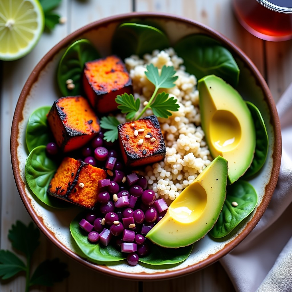 Bowl colorido con base de espinacas, quinoa blanca, batata morada asada en cubos, aguacate en láminas, maíz morado y cebolla morada. Todo coronado con aderezo cremoso de miso y semillas de sésamo, receta peruana vegana alta en antioxidantes.
