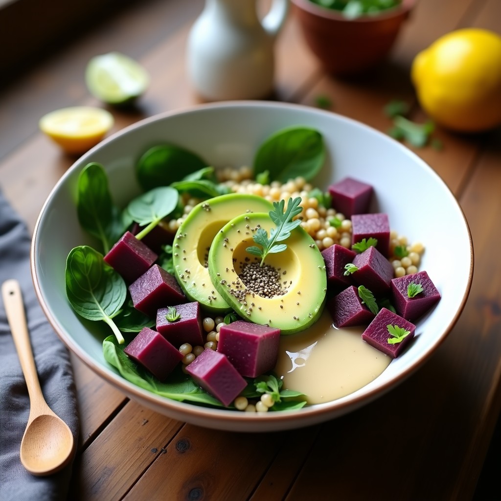 Bowl de Batata Morada y Aguacate: Desayuno Vegano con Aderezo de Tahini y Limón