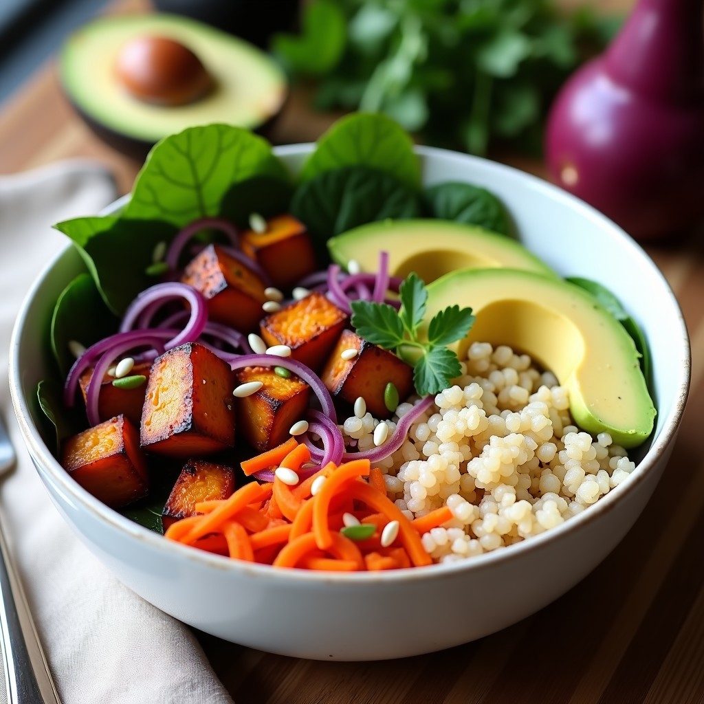 Bowl de Batata Morada Asada con Aguacate y Semillas de Cálamo: Receta Vegana Rica en Antioxidantes