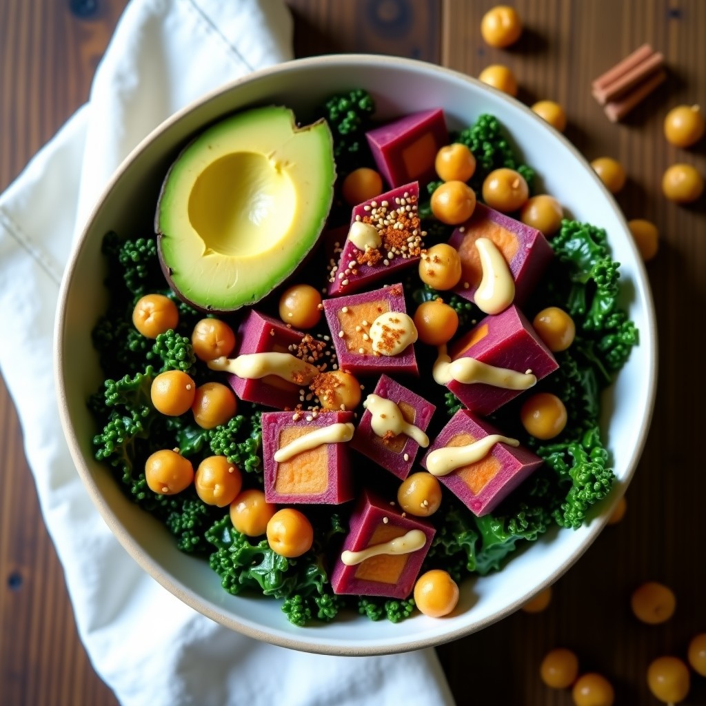 Bowl colorido con base de kale, cubos de batata morada horneada, garbanzos ahumados dorados, láminas de aguacate y alioli vegano cremoso espolvoreado con semillas de sésamo. Receta antiinflamatoria vegana.