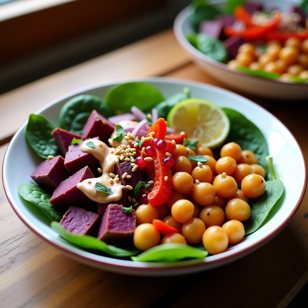 Bowl vegano colorido con cubos de batata morada asada, garbanzos crujientes, espinacas baby, cebolla morada, pimiento amarillo y aderezo cremoso de tahini decorado con semillas de granada y sésamo tostado. Plato saludable y alto en antioxidantes.