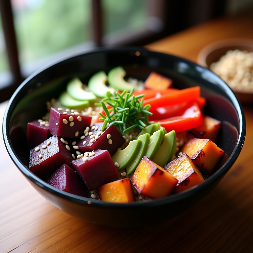 Bowl colorido con cubos dorados de batata morada asada en airfryer, trozos de kani kama marinado, aguacate en láminas, pimiento rojo y mayonesa de wasabi cremosa. Decorado con sésamo tostado y cebollino fresco sobre un plato negro de estilo japonés.