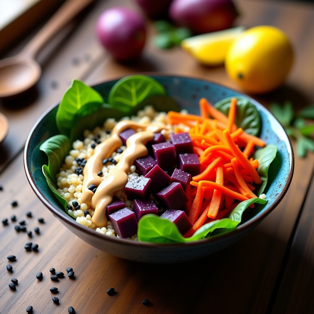 Bowl colorido con base de espinacas frescas, quinoa y cubos de batata morada, decorado con zanahoria rallada, pimiento rojo en tiras y semillas de sésamo negro. Aderezo cremoso de cacahuete vertido en espiral sobre el plato, con un fondo de madera rústica y utensilios de cocina al lado.