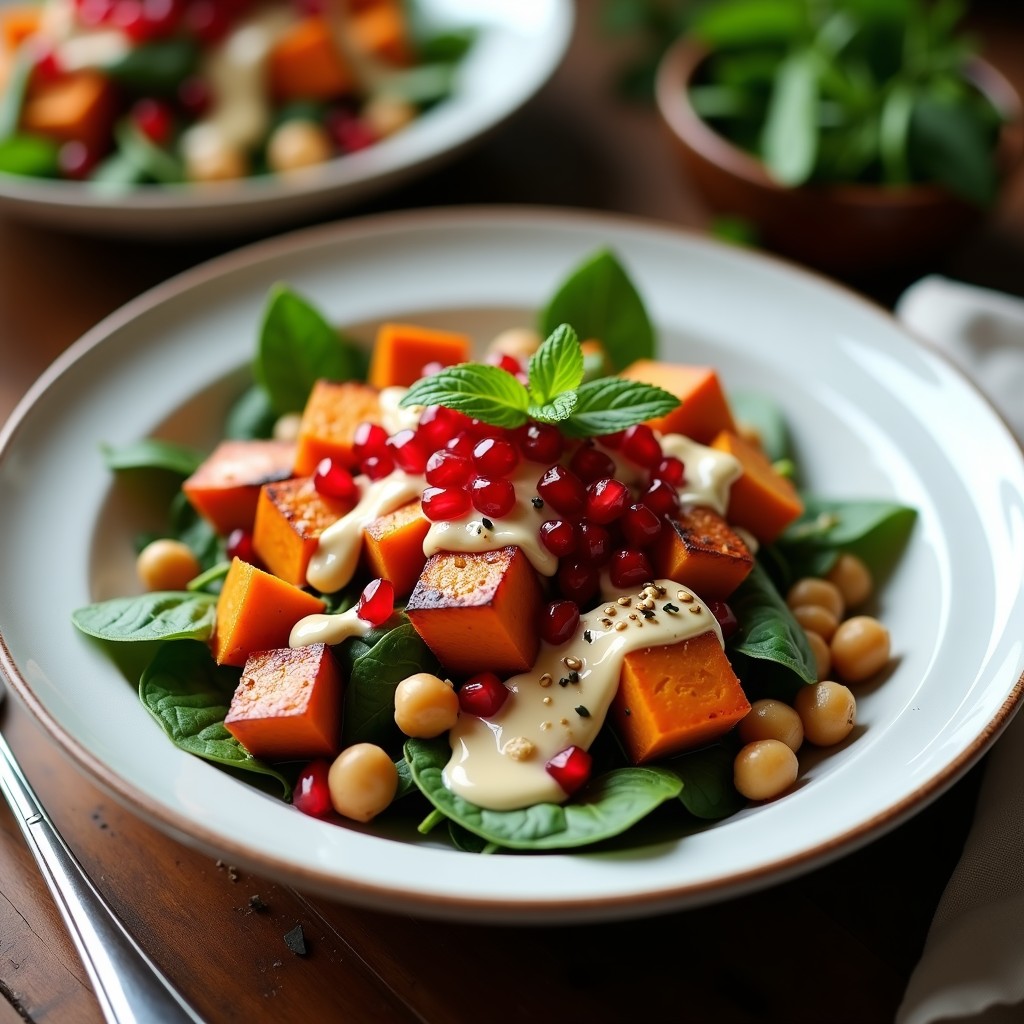 Bowl colorido con batata asada dorada, garbanzos crujientes, semillas de granado rojas, salsa de tahini cremosa y hierbas frescas como perejil y menta. Plato vegano con toque libanés, servido en un plato hondo de cerámica blanca.