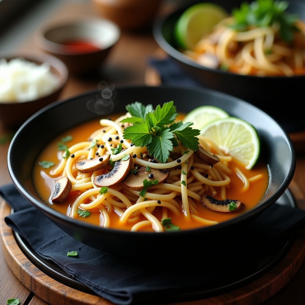 Bowl hondo de cerámica negra con batchoy vegano filipino: fideos de arroz blancos, tofu ahumado dorado, brotes de soja crujientes, pimiento rojo y cilantro fresco. Caldo dorado espeso con burbujas, decorado con un hilo de aceite de sésamo y gajos de limón al lado.