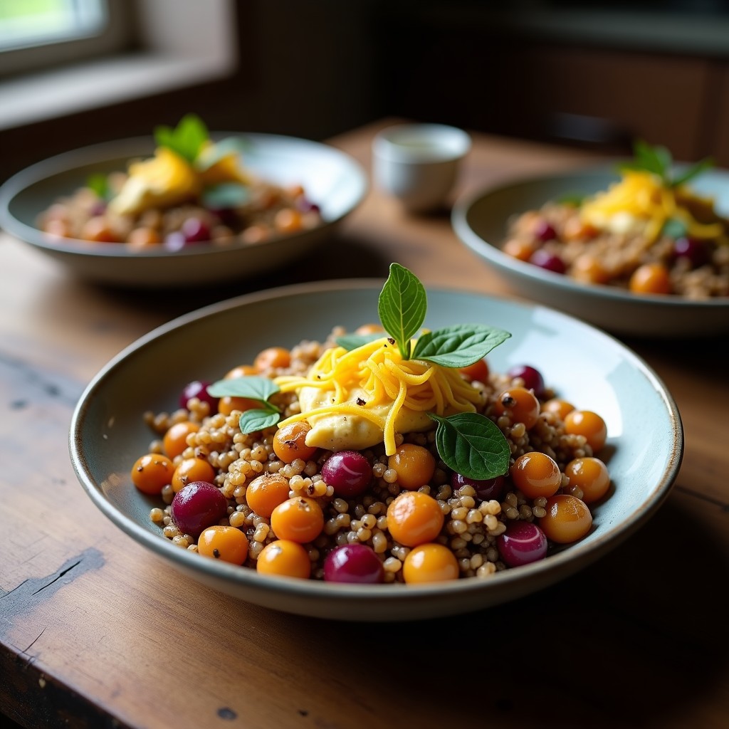 Bowl de buddha colorido con quinoa morada, calabaza butternut asada, espinacas baby, zanahoria rallada, pimiento rojo, aguacate en láminas y semillas de calabaza. Aderezo cremoso de tahini y naranja vertido por encima, decorado con jengibre rallado y pimienta negra.