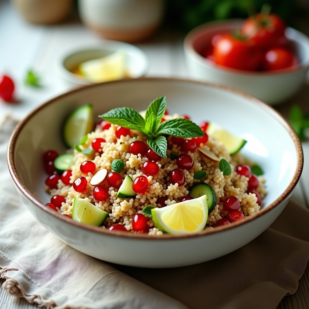 Bowl de bulghur con granadas rojas brillantes, hojas frescas de mint, pepino y tomates cherry, bañado en una vinagreta de limón, servido en un plato blanco rústico.
