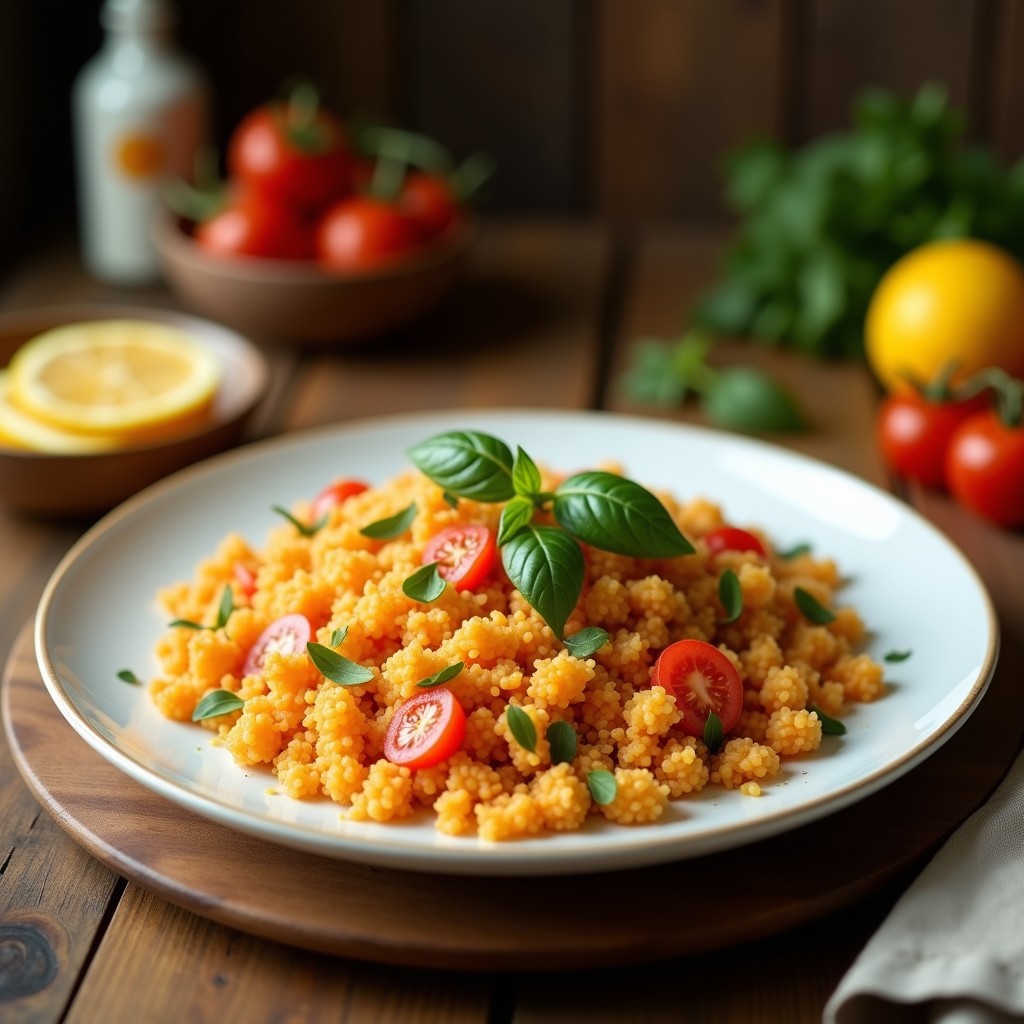Bowl de bulgur dorado con semillas de granado rojas brillantes, zanahoria morada en juliana, pepino persa en rodajas y almendras tostadas, bañado en aderezo de naranja. Decorado con hojas de hierbabuena fresca sobre fondo rústico de madera clara.