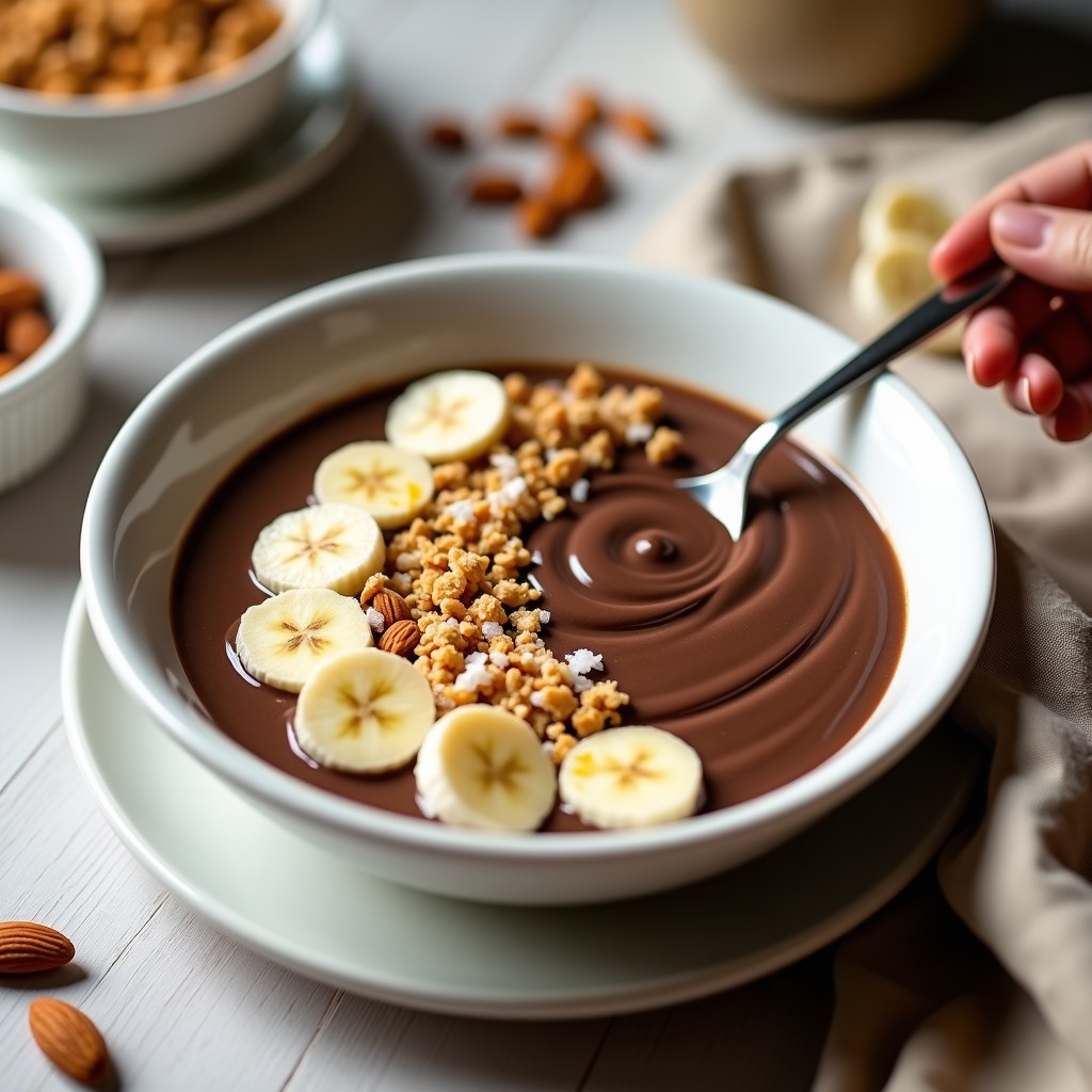 Bowl de desayuno keto con base cremosa de cacao y banana, decorado con granola de almendras tostadas, coco rallado y un hilo de mantequilla de almendras, servido en un cuenco de cerámica blanca sobre fondo rústico.