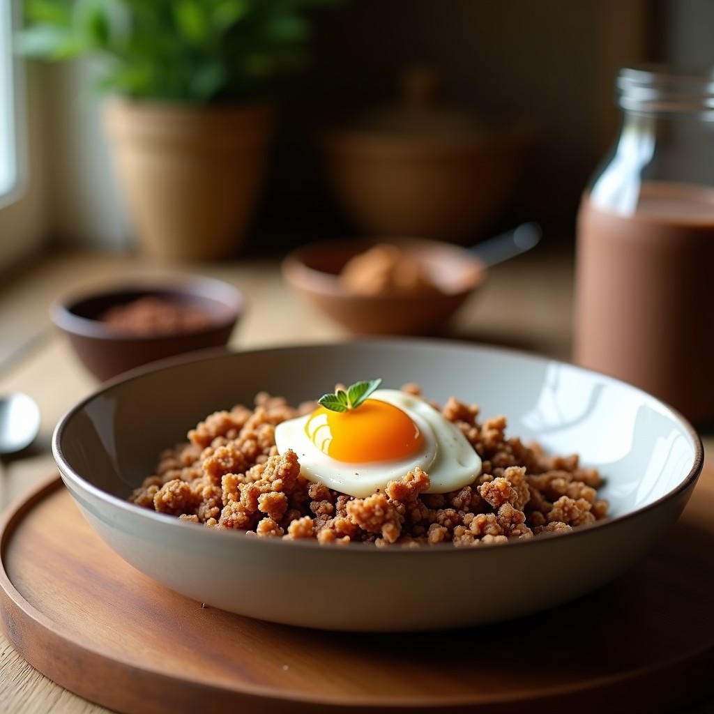 Bowl hondo de cerámica negra con base cremosa de cacao y plátano, coronado con granola dorada de quinoa, almendras y coco rallado. Decorado con un espolvoreado de canela y cacao en polvo, sobre fondo rústico de madera con hojas de menta fresca.