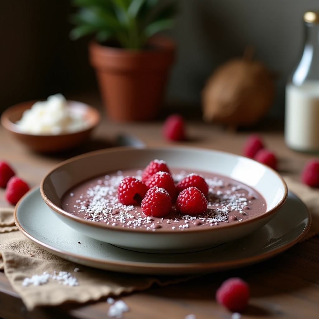 Bowl de Cacao Puro con Leche de Coco y Frambuesas: Desayuno Keto y Sin Azúcar