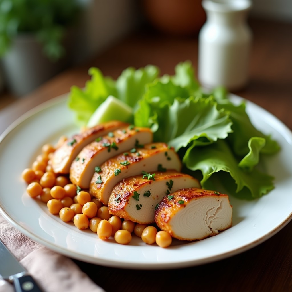 Bowl de Caesar keto con lechuga romana fresca, trozos de pollo ahumado dorado, croutons crujientes de garbanzo y aderezo cremoso, espolvoreado con queso parmesano y almendras fileteadas. Receta alta en proteína y sin carbohidratos.