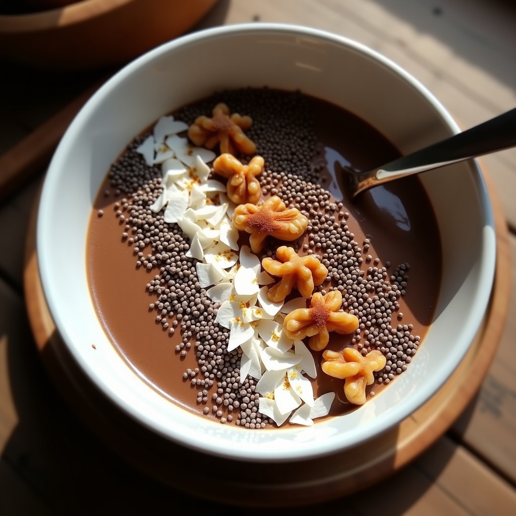 Bowl de café y cacao keto en recipiente de cerámica blanca, con capas cremosas de mantequilla de almendras, semillas de chía y coco rallado, decorado con nueces picadas y un espolvoreado de canela, sobre fondo rústico de madera.