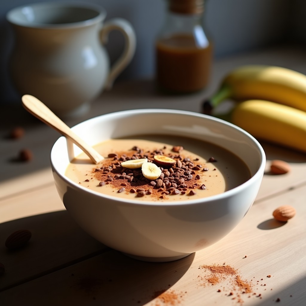 Bowl de desayuno energético con base cremosa de café y plátano, coronado con cacao nibs, almendras fileteadas y canela, servido en un bol blanco rústico.