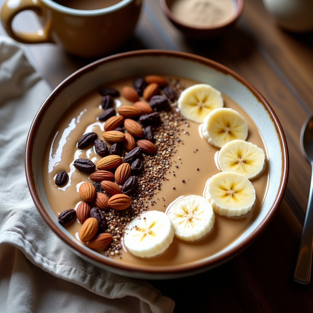 Bowl de desayuno con yogur griego cremoso mezclado con proteína en polvo y café, coronado con rodajas de plátano, cacao nibs, almendras fileteadas y semillas de chía, receta energética alta en proteína.