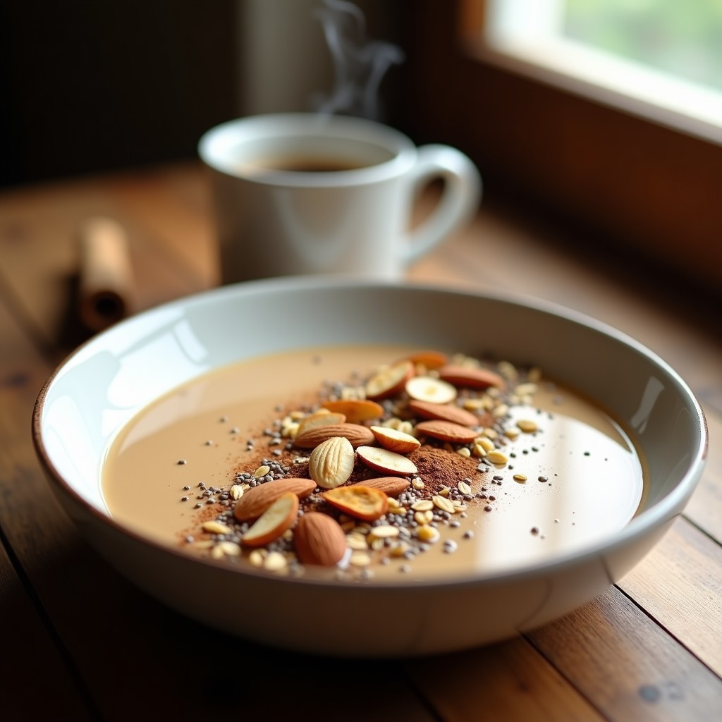 Bowl de desayuno con base cremosa de caimito y yogur griego, espolvoreado con avena, semillas de chía y almendras tostadas, con un toque de café en polvo y canela, servido en un tazón blanco sobre fondo rústico.