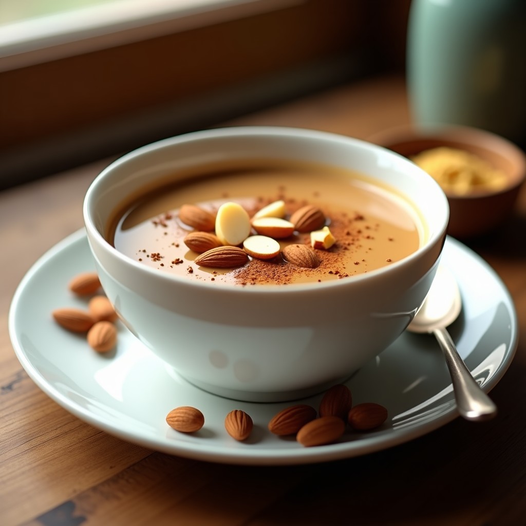 Bowl cremoso de café con cardamomo y nuez moscada servido en cuenco de cerámica blanca, decorado con almendras fileteadas, canela espolvoreada y un hilo de miel dorada. Receta energética y antiinflamatoria.