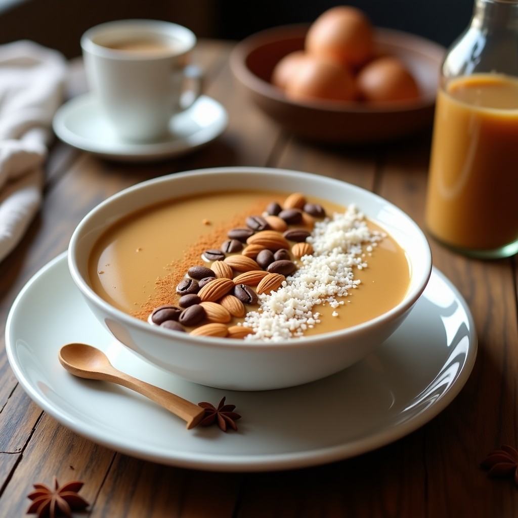 Bowl de café chai con especias doradas en tazón de cerámica blanca, decorado con almendras fileteadas, coco rallado y un toque de canela en polvo, sobre fondo rústico de madera.