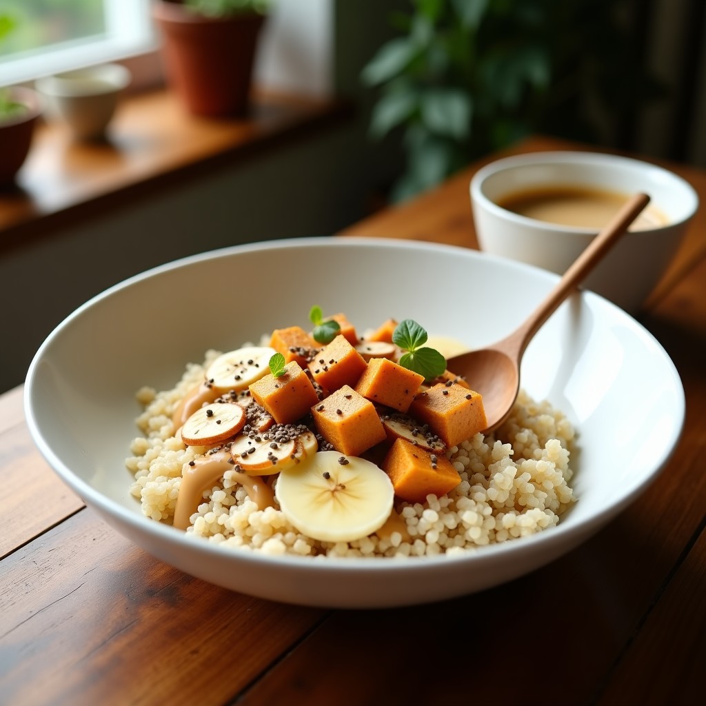 Bowl de desayuno colorido con quinoa blanca como base, tofu ahumado dorado en cubos, rodajas de plátano maduro, almendras fileteadas tostadas y semillas de chía, bañado con leche de almendras especiada con chai en un cuenco de cerámica blanca sobre fondo rústico de madera.