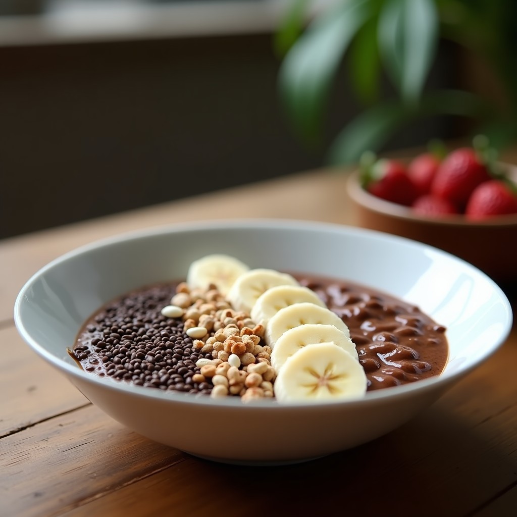 Bowl de desayuno alto en proteína con base cremosa de café y chocolate, decorado con semillas de chía, virutas de coco y trozos de plátano, servido en un bol de cerámica blanca sobre fondo rústico.
